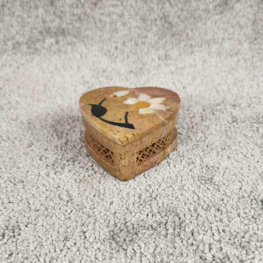 Heart Soapstone Floral Inlay Lattice Carved Trinket Box with Mother of Pearl Tan